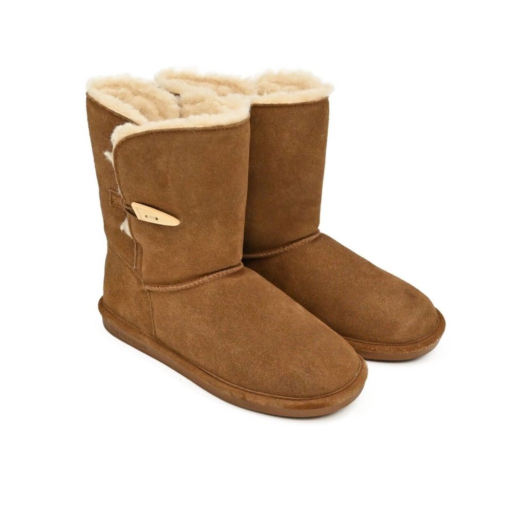 NEW BEARPAW Womens Victorian Mid Calf Boots Tan Suede Wool Sheepskin 681W Sz 10